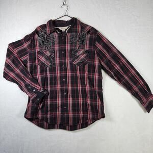 Decree L Plaid Western Shirt Red Black Snap Front Tattoo Y2K Style Rocker Edgy‎